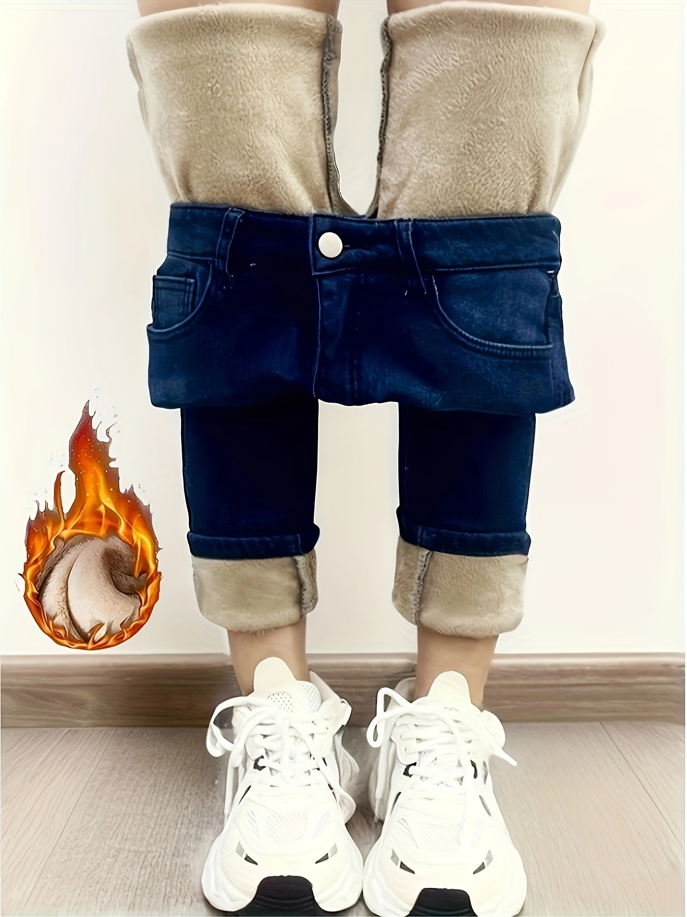 Pantalones ajustados de mezclilla azul para mujer con forro de felpa, diseño desgastado, corte ajustado, elásticos, cálidos e informales para el invierno