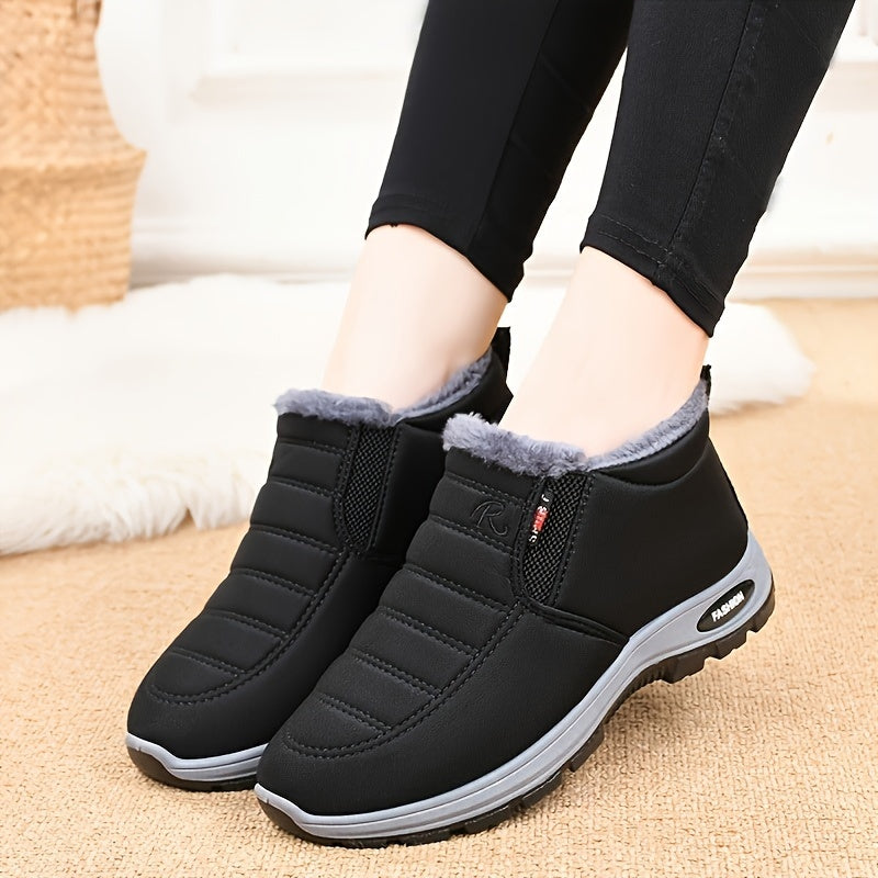 Botas de tobillo de invierno para mujer - Fáciles de poner, lavables a máquina, parte superior y forro de tela, suela de PVC antideslizante, punta redonda, tacón plano, color sólido