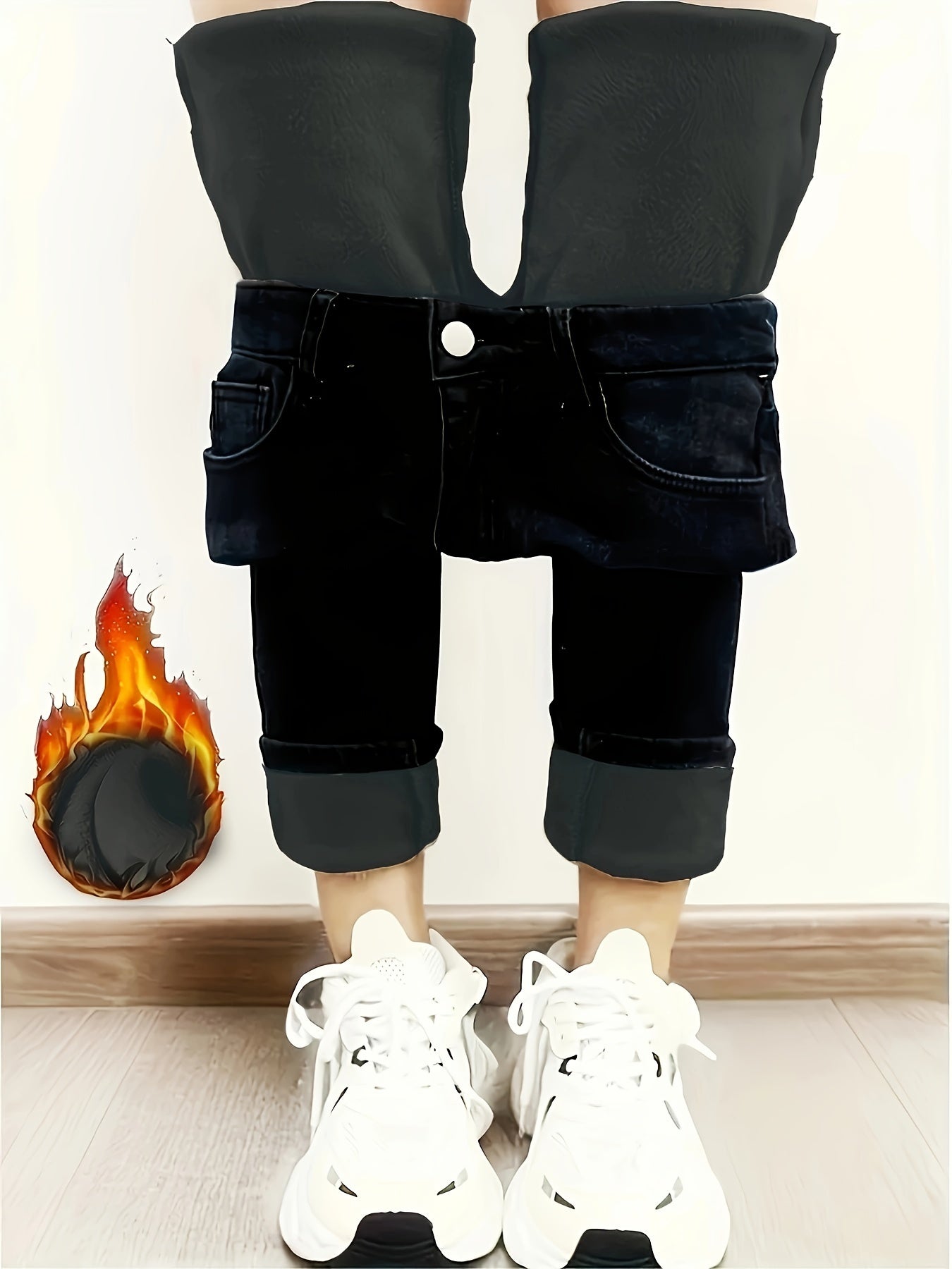 Pantalones ajustados de mezclilla azul para mujer con forro de felpa, diseño desgastado, corte ajustado, elásticos, cálidos e informales para el invierno