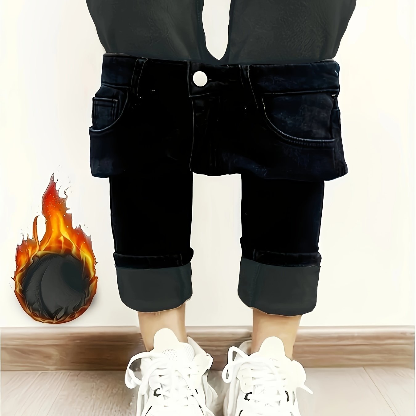 Pantalones ajustados de mezclilla azul para mujer con forro de felpa, diseño desgastado, corte ajustado, elásticos, cálidos e informales para el invierno