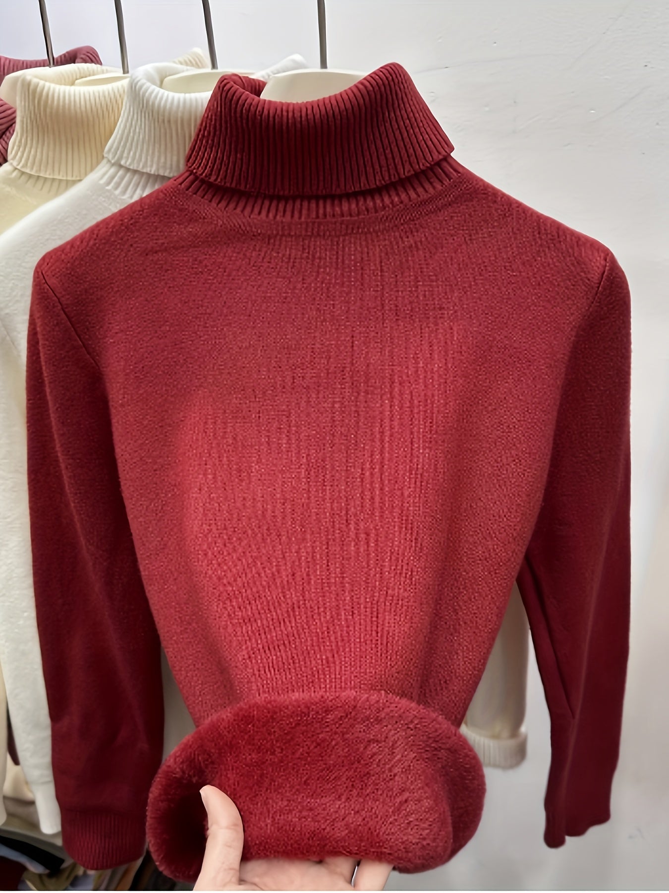 Suéter de Cuello Alto con Forro Polar para Mujer - Jersey Grueso y Tejido para Invierno, Blusa Larga Blanca con Escote Alto, Suave y Cálida para Combinar o Usar Sola