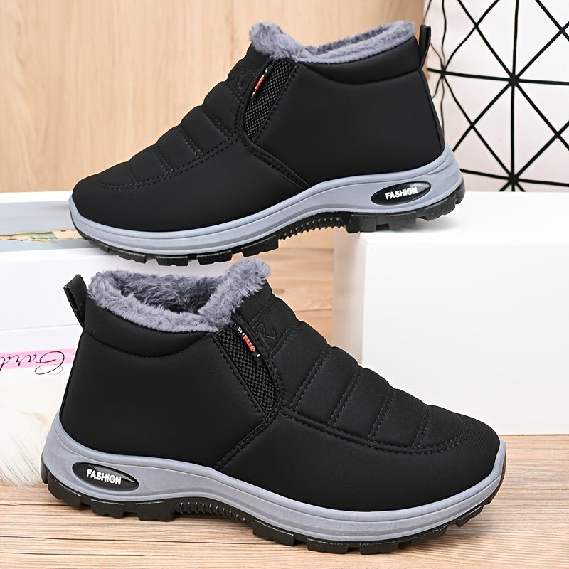 Botas de tobillo de invierno para mujer - Fáciles de poner, lavables a máquina, parte superior y forro de tela, suela de PVC antideslizante, punta redonda, tacón plano, color sólido
