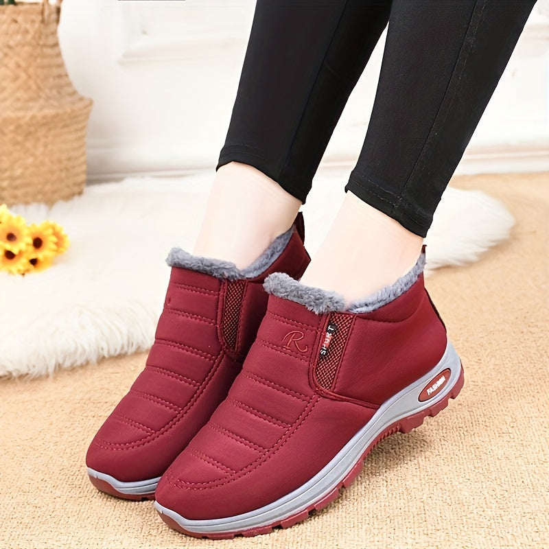 Botas de tobillo de invierno para mujer - Fáciles de poner, lavables a máquina, parte superior y forro de tela, suela de PVC antideslizante, punta redonda, tacón plano, color sólido