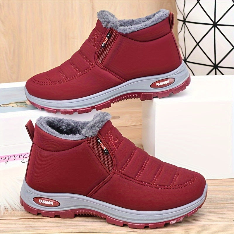 Botas de tobillo de invierno para mujer - Fáciles de poner, lavables a máquina, parte superior y forro de tela, suela de PVC antideslizante, punta redonda, tacón plano, color sólido
