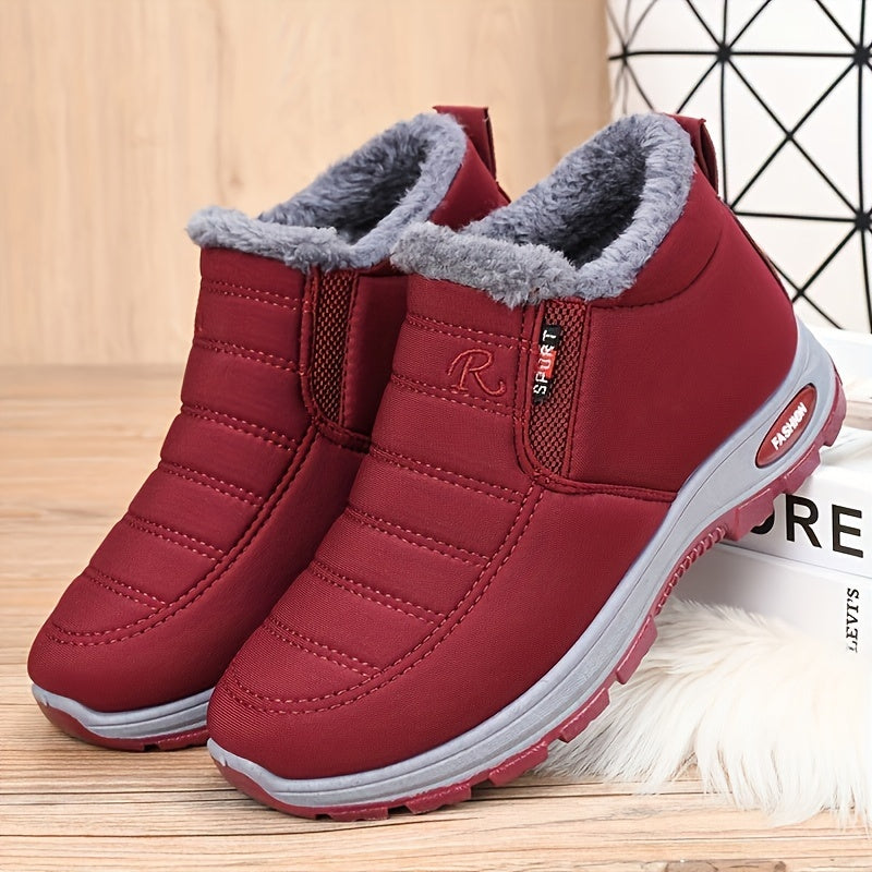 Botas de tobillo de invierno para mujer - Fáciles de poner, lavables a máquina, parte superior y forro de tela, suela de PVC antideslizante, punta redonda, tacón plano, color sólido