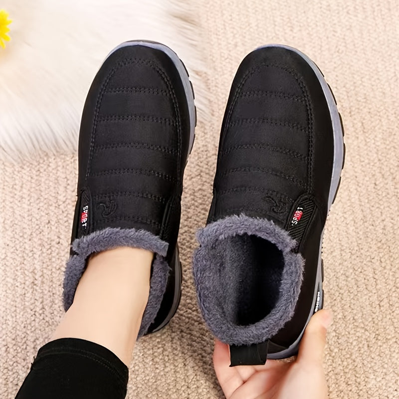 Botas de tobillo de invierno para mujer - Fáciles de poner, lavables a máquina, parte superior y forro de tela, suela de PVC antideslizante, punta redonda, tacón plano, color sólido