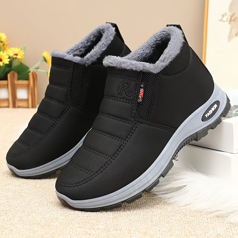 Botas de tobillo de invierno para mujer - Fáciles de poner, lavables a máquina, parte superior y forro de tela, suela de PVC antideslizante, punta redonda, tacón plano, color sólido