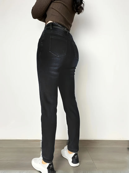 Pantalones ajustados de mezclilla azul para mujer con forro de felpa, diseño desgastado, corte ajustado, elásticos, cálidos e informales para el invierno