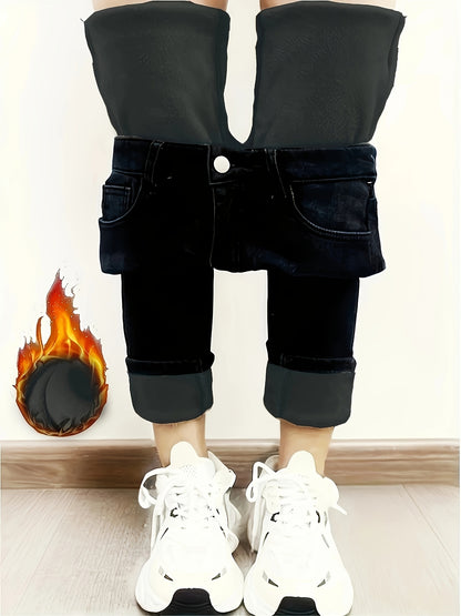Pantalones ajustados de mezclilla azul para mujer con forro de felpa, diseño desgastado, corte ajustado, elásticos, cálidos e informales para el invierno