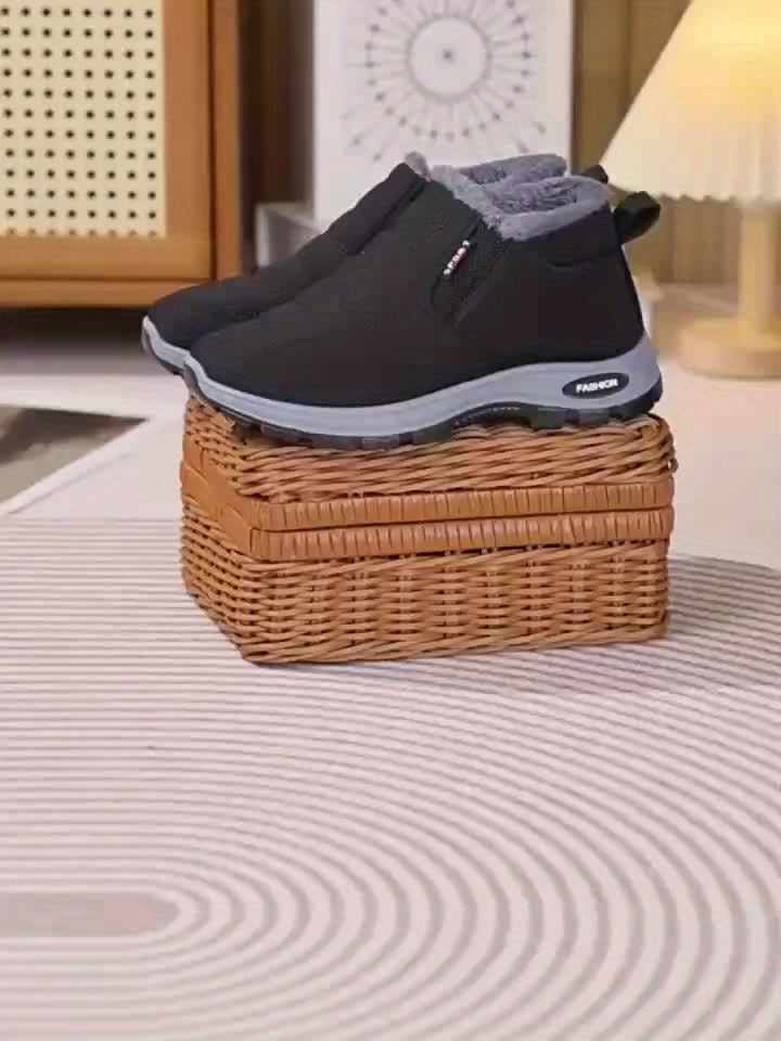 Botas de tobillo de invierno para mujer - Fáciles de poner, lavables a máquina, parte superior y forro de tela, suela de PVC antideslizante, punta redonda, tacón plano, color sólido