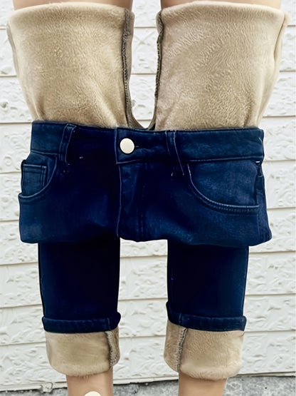 Pantalones ajustados de mezclilla azul para mujer con forro de felpa, diseño desgastado, corte ajustado, elásticos, cálidos e informales para el invierno
