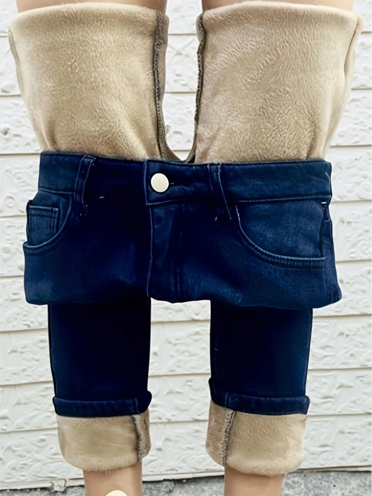 Pantalones ajustados de mezclilla azul para mujer con forro de felpa, diseño desgastado, corte ajustado, elásticos, cálidos e informales para el invierno